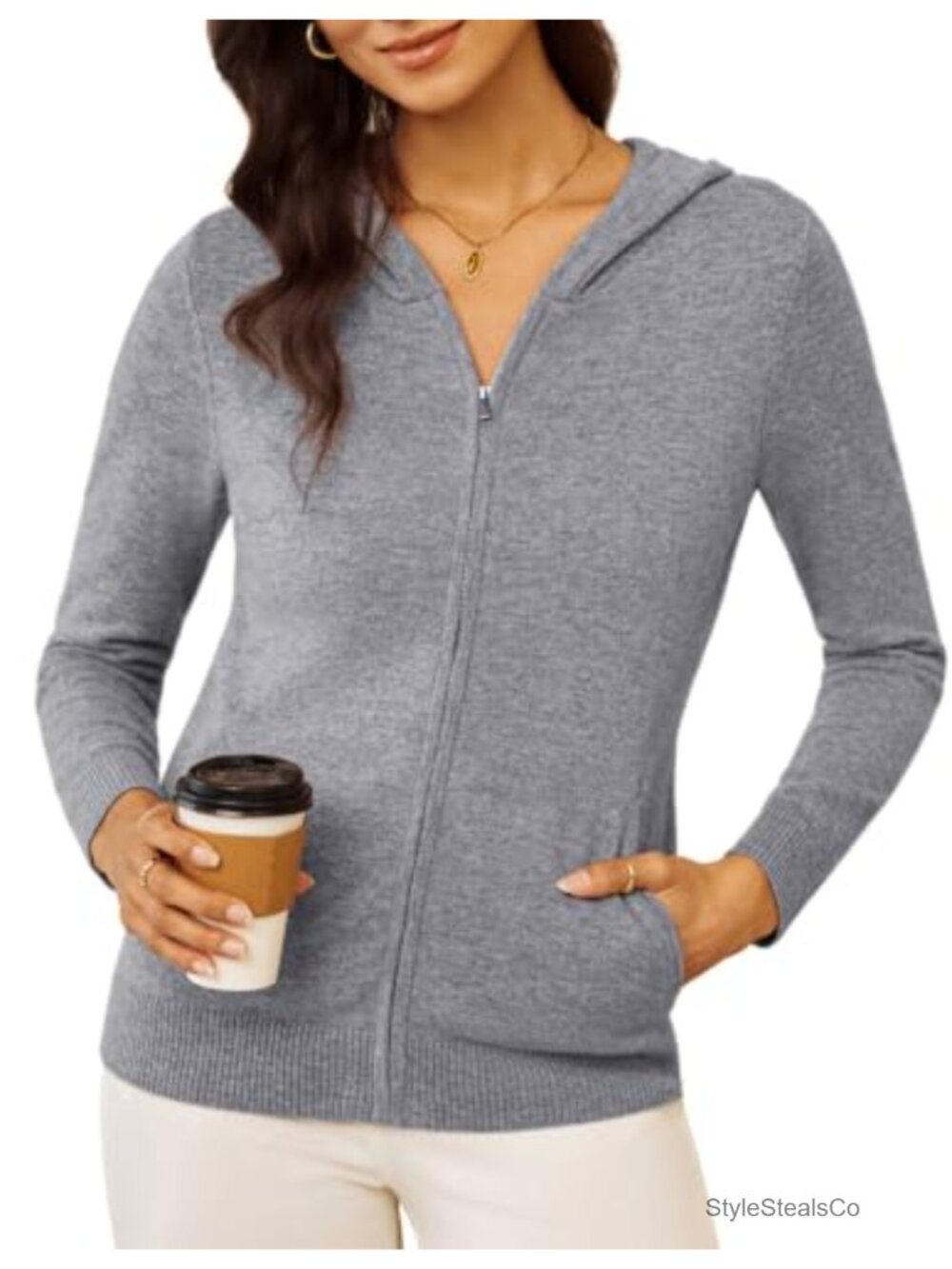 100% Merino Wool Zip Up Hoodie Cardigan Sweater with Pockets
